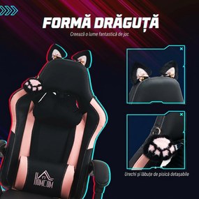 HOMCOM Scaun Gaming Ergonomic cu Urechi de Pisica, Roz | Aosom Romania
