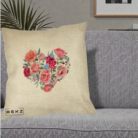Perna Decorativa Inima din Bujori Acuarela, 40x40 cm, Crem, Husa Detasabila, Perna Inclusa, BEKZ®