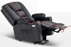 Fotoliu Electric Power Lift&Recliner, ridicare și rabatare, masaj și incalzire, porturi USB, suporturi pentru pahare, buzunare laterale, telecomenzi, PU, Negru