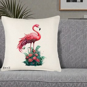 Perna Decorativa Flamingo cu Trandafiri Tropicali, 40x40 cm, Crem Reliefat, Husa Detasabila, Perna Inclusa, BEKZ®