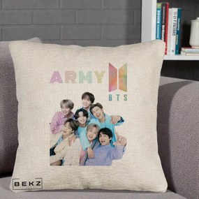 Perna Personalizata K-pop BTS ARMY Fotografie Grup Veseli, 40x40 cm, Bej Canapea, Husa Detasabila, Perna Inclusa, BEKZ®