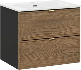 Set dulap baza suspendat 60 cm cu lavoar Comad Talia negru mat si stejar Casella