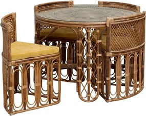 Set dining din ratan împletit manual, maro, masă rotundă cu blat din sticlă și 4 scaune, perne din catifea muștar, aspect vintage, 76 x 109 cm,
