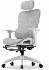 Scaun ergonomic, suport lombar dinamic, tetieră 3D, cotiere 3D, umeras, suport picioare, pivotant, Mesh, Alb/Gri