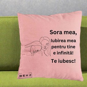 Cadou pentru Sora - Perna Personalizata Sora Mea Te Iubesc Line Art Portrete Fata in Fata, 40x40 cm, Roz, Husa Detasabila, Perna Inclusa, BEKZ®