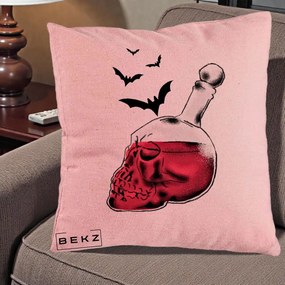 Perna Decorativa Halloween Craniu-Sticla cu Lilieci, 40x40 cm, Roz, Husa Detasabila, Perna Inclusa, BEKZ®