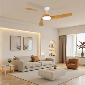 ZEVENTI - Ventilator de tavan LED AERYS, 24W, 230V, Wi‑Fi Tuya, alb/stejar + telecomandă