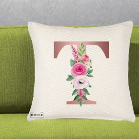 Cadou Personalizat - Perna Personalizata Monograma Rose Gold Litera T, 40x40 cm, Crem Reliefat, Husa Detasabila, Perna Inclusa, BEKZ®