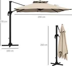 Outsunny Umbrelă de Soare cu Braț Înclinat în 6 Poziții cu Acoperiș pe 2 Niveluri, Umbrelă de Grădină din aluminiu și poliester, 294x294 cm, kaki | Aosom Romania