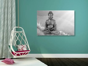 Tablou statuia Buddha într-o poziție de meditație în design alb-negru