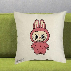 Perna Personalizata Labubu Roz Solo, 40x40 cm, Ecru, Husa Detasabila, Perna Inclusa, BEKZ®