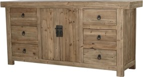 Bufet din lemn reciclat, natur, cu 2 uși, 6 sertare și încuietoare cu cheie, aspect rustic, finisaj natural, 85 x 180 x 45 cm, „Étable”