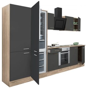 Mobilă de bucătărie Yorki 330, corp din stejar sonoma, față antracit satinat cu element cuptor inferior, dulap cu rafturi și frigider congelator inferior