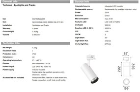 Spot directionabil pentru sina Link QUICK 28W CRI90 3000K ON-OFF WH