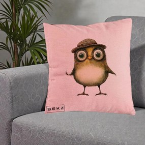 Perna Decorativa Pui Intelectual cu Palarie Tweed, 40x40 cm, Roz, Husa Detasabila, Perna Inclusa, BEKZ®