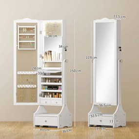 HOMCOM Oglindă pentru bijuterii cu iluminare LED Dulap bijuterii cu oglindă reglabilă pe 4 unghiuri Sertare Etajeră interioară pliabilă Alb | Aosom Romania