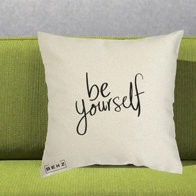Perna Decorativa Be Yourself Caligrafie Neagra, 40x40 cm, Ecru, Husa Detasabila, Perna Inclusa, BEKZ®