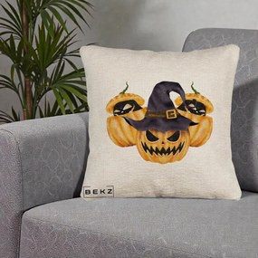 Perna Decorativa Trio Dovleci Jack-o-Lantern cu Palarie Vrajitoare, 40x40 cm, Bej Canapea, Husa Detasabila, Perna Inclusa, BEKZ®