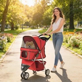 PawHut Cărucior Pliabil pentru Câini Mici, cu Suport pentru Pahar și Coș de Depozitare, până la 10 kg, Roșu | Aosom Romania