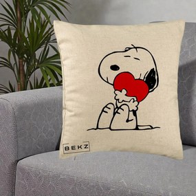 Perna Personalizata Snoopy cu Inima, 40x40 cm, Bej, Husa Detasabila, Perna Inclusa, BEKZ®