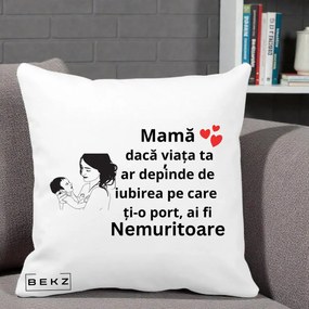 Cadou pentru Mama - Perna Personalizata Mama Nemuritoare Imbratisare Copil, 40x40 cm, Alba Mata, Husa Detasabila, Perna Inclusa, BEKZ®