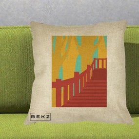 Perna Decorativa Scari Toamna Peisaj Grafic, 40x40 cm, Crem, Husa Detasabila, Perna Inclusa, BEKZ®