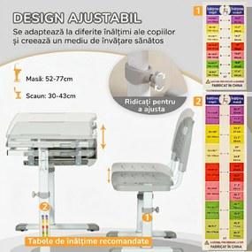 HOMCOM Set Masă și Scaun pentru Copii 6-12 ani, Reglabil pe Înălțime, cu Blat Înclinabil la 45°, 66x47x52-77 cm, Gri | Aosom Romania