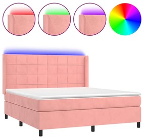 Pat continental cu saltea  LED, roz, 120x200 cm, catifea Roz, 160 x 200 cm, Cu blocuri patrate