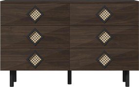 Masă de machiaj cu 6 sertare, mânere din ratan, spațiu mare de depozitare, pentru dormitor și living, 120x40x74,5 cm, Culoare naturală