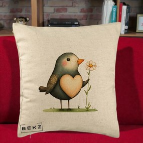 Perna Decorativa Pasare cu Inima si Margareta, 40x40 cm, Bej, Husa Detasabila, Perna Inclusa, BEKZ®