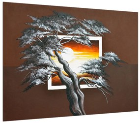 Tablou modern cu copac și răsărit de soare (70x50 cm), în 40 de alte dimensiuni noi