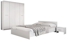 Dormitor Luiza 4U4P, culoare alb, cu pat standard 160 x 200 cm, dulap cu 4 usi si 2 noptiere