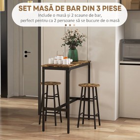 HOMCOM Set Masă Înaltă și 2 Taburete de Bar cu Suport pentru Picioare, Stil Industrial, Negru și Maro | Aosom Romania