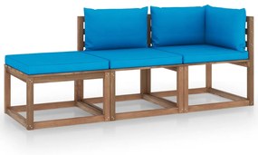 Set mobilier gradina paleti cu perne, 3 piese, lemn pin tratat Albastru deschis, colt + mijloc + suport pentru picioare, 1