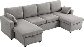 HOMCOM Canapea Extensibilă Modernă în Formă de U și Spații de Depozitare, Catifea Reiată, 282x140x86 cm, Gri | Aosom Romania