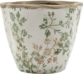 Ghiveci decorativ tronconic alb din ceramică antichizată, pictat manual, cu decor floral-vegetal, 13x15,5 cm, „Grasse"