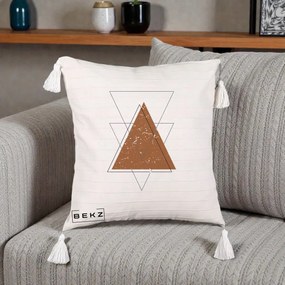 Perna Decorativa Geometric Triunghiuri Sacred, 40x40 cm, Bej cu Franjuri, Husa Detasabila, Perna Inclusa, BEKZ®