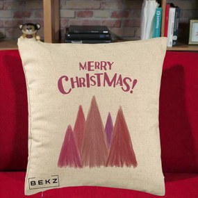 Perna Decorativa Merry Christmas Brazi Roz, 40x40 cm, Bej, Husa Detasabila, Perna Inclusa, BEKZ®