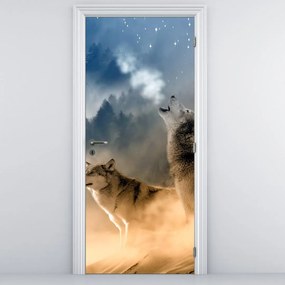 Fototapet pentru ușă - Lupii urlând la lună (95x205cm)