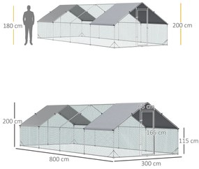 PawHut Coteț de Găini cu Cadru Zincat și Plasă Hexagonală, Țarc cu Acoperiș Impermeabil pentru Găini, Rațe și Iepuri, 3x8x2 m | Aosom Romania