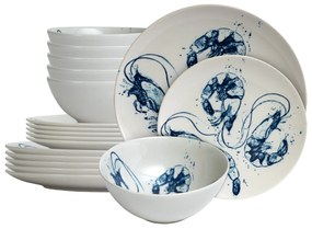 Set de Farfurii cu Creveți Albastru și Alb Marin pentru 6 persoane de 18 piese cu bol