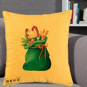 Perna Decorativa Saculet Cadouri Mos Craciun Acuarela Verde, 40x40 cm, Galben, Husa Detasabila, Perna Inclusa, BEKZ®