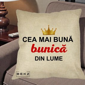Cadou pentru Bunica - Perna Personalizata Cea Mai Buna Bunica Din Lume Coroana Aurie, 40x40 cm, Crem, Husa Detasabila, Perna Inclusa, BEKZ®