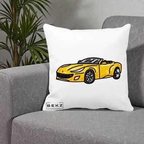 Perna Personalizata Masina Cabriolet Galbena Grafic, 40x40 cm, Alba Mata, Husa Detasabila, Perna Inclusa, BEKZ®