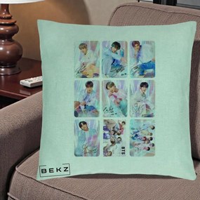 Perna Personalizata K-pop BTS Colaj 9 Fotografii Autografe Individual, 40x40 cm, Verde Menta, Husa Detasabila, Perna Inclusa, BEKZ®