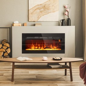HOMCOM Șemineu Electric cu Telecomandă, Flacără și Iluminare Reglabilă din Oțel și Sticlă Călită, 91,4x15,8x45 cm, Negru | Aosom Romania