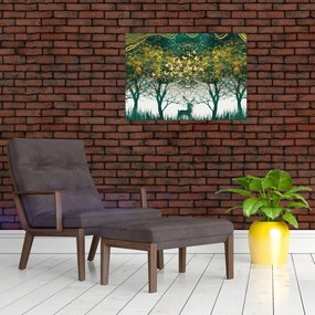 Tablou pe sticlă - Căprioare în pădurea verde (70x50 cm)