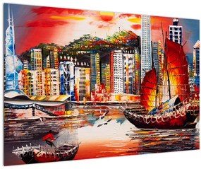 Tablou - Victoria Harbour, Hong Kong, pictură în ulei (90x60 cm)