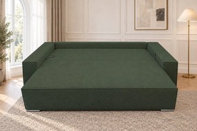 Canapea extensibilă Perla din boucle, verde, cu ladă de depozitare