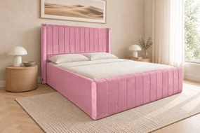 Pat tapițat din catifea Aurelia Simple 140×200 cm, roz, cu ladă de depozitare